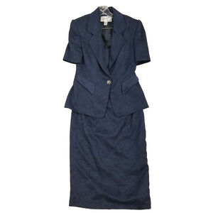 Vintage 90s Power Suit 3pc Navy Jacquard Blazer Skirt Satin Top Set Size 42